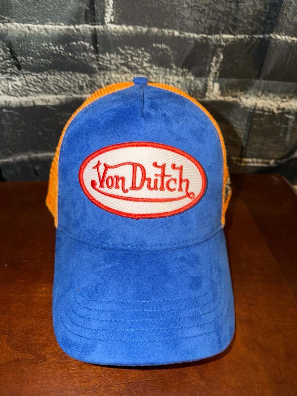 Von Dutch Blue and Orange Suede Trucker Hat